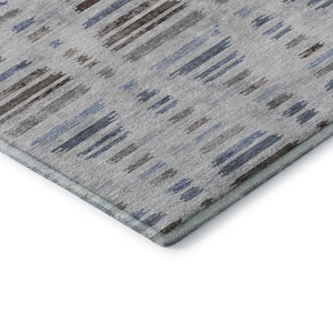 HomeRoots 8' Washable Round Rug in Light Taupe and Blue Stripes - Durable, UV-Protected, Easy Care Design! 715042