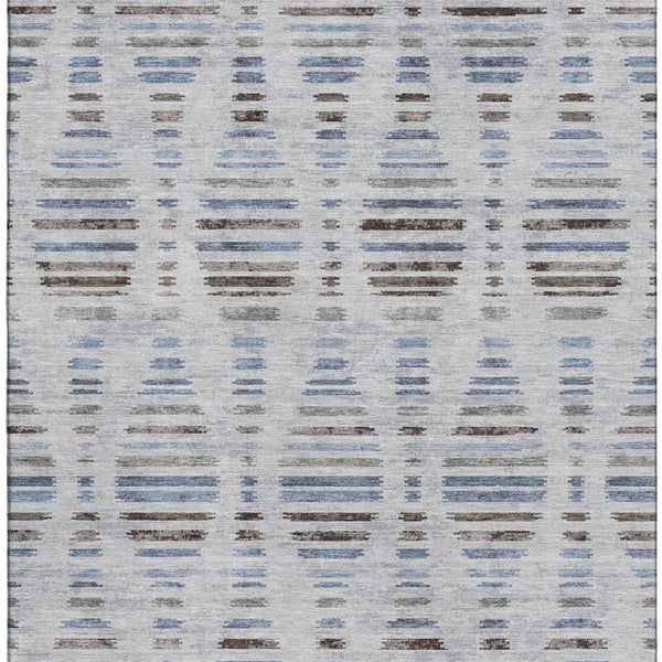 HomeRoots 8' Washable Round Rug in Light Taupe and Blue Stripes - Durable, UV-Protected, Easy Care Design! 715042