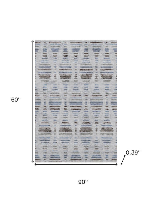 HomeRoots 8' Washable Round Rug in Light Taupe and Blue Stripes - Durable, UV-Protected, Easy Care Design! 715042