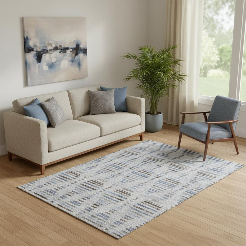 HomeRoots 8' Washable Round Rug in Light Taupe and Blue Stripes - Durable, UV-Protected, Easy Care Design! 715042