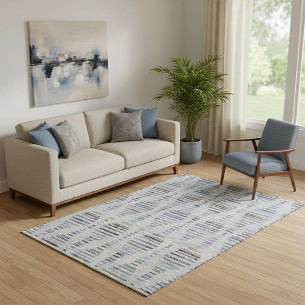 HomeRoots 8' Washable Round Rug in Light Taupe and Blue Stripes - Durable, UV-Protected, Easy Care Design! 715042