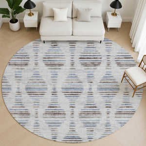 HomeRoots 8' X 10' Light Taupe & Blue Striped Area Rug - Washable, UV-Protected, Stain-Resistant & Stylish! 715043