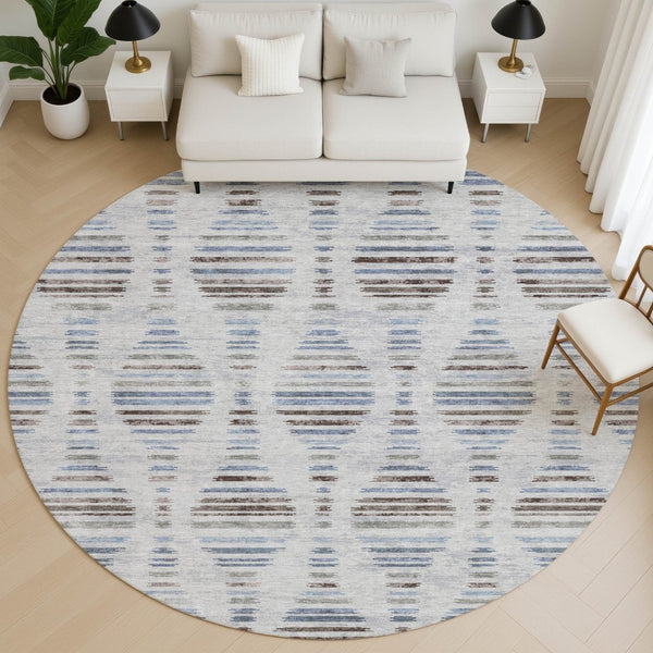 HomeRoots 8' X 10' Light Taupe & Blue Striped Area Rug - Washable, UV-Protected, Stain-Resistant & Stylish! 715043