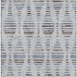 HomeRoots 9' X 12' Light Taupe and Blue Striped Washable Area Rug with UV Protection for Homes with Kids & Pets 715044