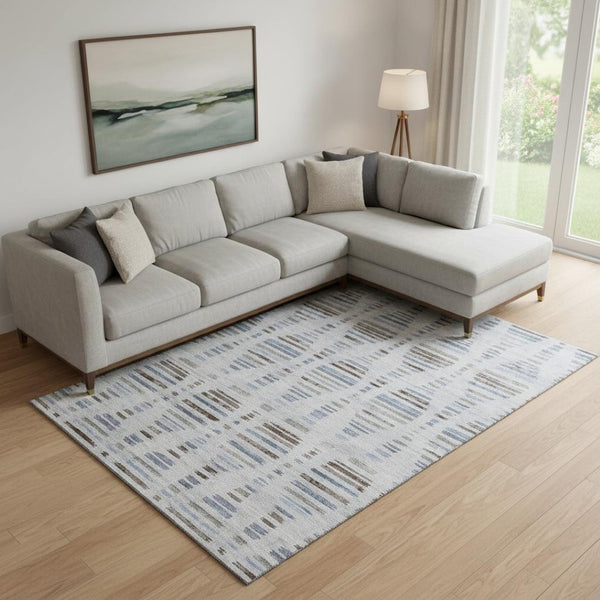 HomeRoots 9' X 12' Light Taupe and Blue Striped Washable Area Rug with UV Protection for Homes with Kids & Pets 715044