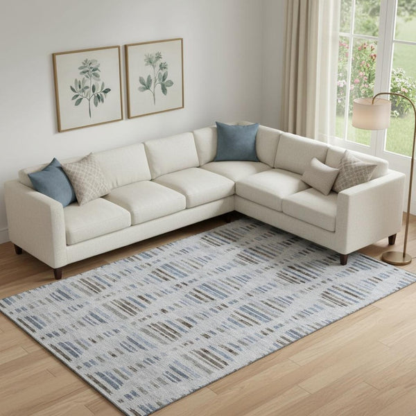 HomeRoots 10' Light Taupe & Blue Striped Washable Area Rug – Durable, UV-Protected, Pet-Friendly Design! 715045