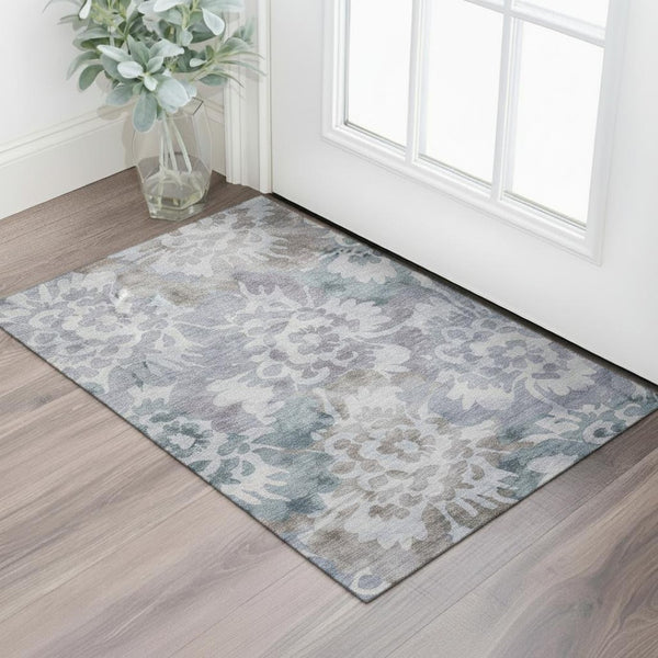HomeRoots 5' X 8' Blue and Silver Floral Washable Area Rug - Durable, UV-Protected, Non-Slip, Easy Care Design 715047