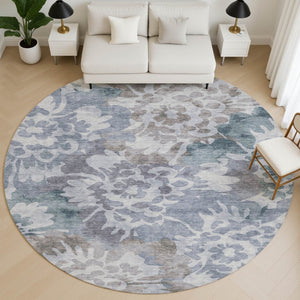 HomeRoots 8' X 10' Floral Area Rug in Blue & Silver - Washable, UV-Protected, Durable for Busy Homes! 715049