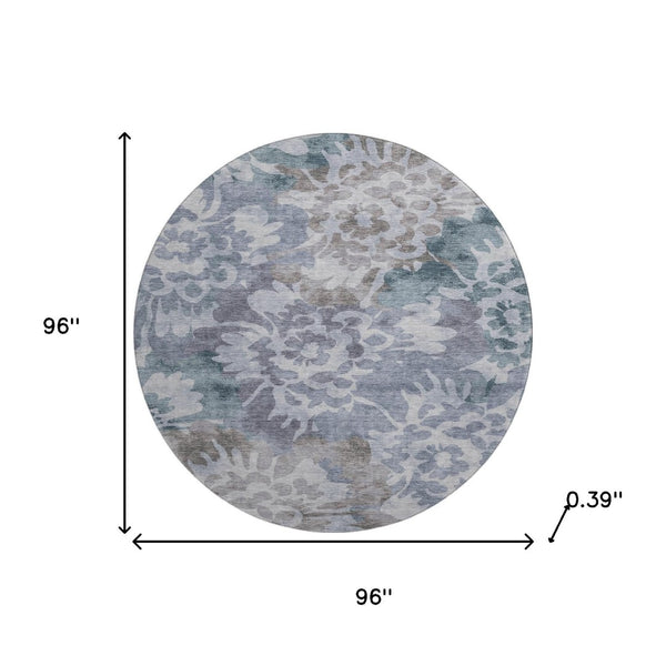 HomeRoots 8' X 10' Floral Area Rug in Blue & Silver - Washable, UV-Protected, Durable for Busy Homes! 715049