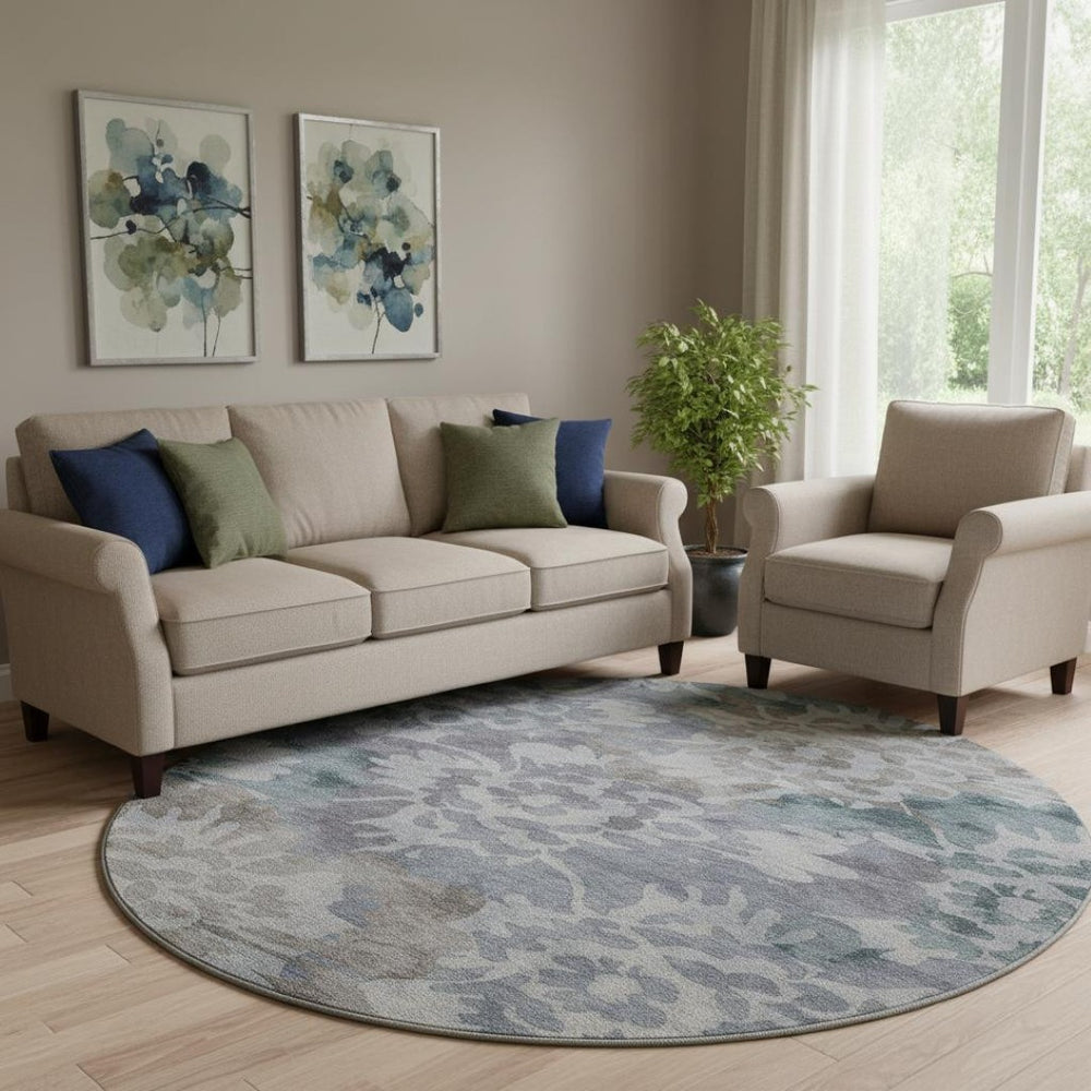 HomeRoots 8' X 10' Floral Area Rug in Blue & Silver - Washable, UV-Protected, Durable for Busy Homes! 715049