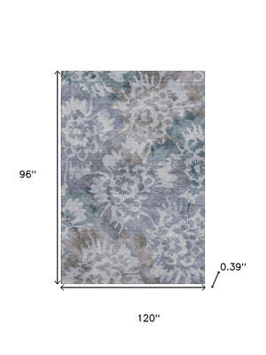 HomeRoots 9' X 12' Blue And Silver Floral Area Rug – Washable, Durable, UV Protected & Perfect for Family Spaces! 715050