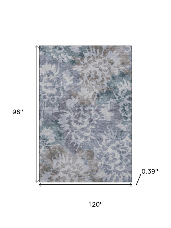 HomeRoots 9' X 12' Blue And Silver Floral Area Rug – Washable, Durable, UV Protected & Perfect for Family Spaces! 715050
