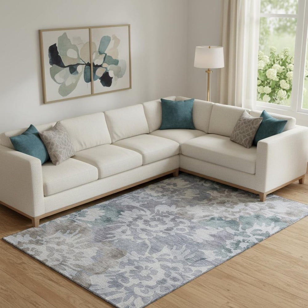 HomeRoots 9' X 12' Blue And Silver Floral Area Rug – Washable, Durable, UV Protected & Perfect for Family Spaces! 715050