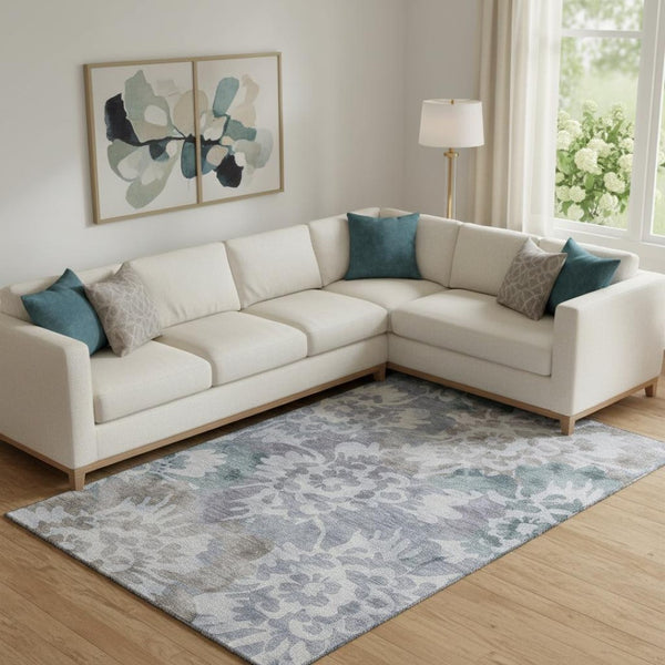 HomeRoots 9' X 12' Blue And Silver Floral Area Rug – Washable, Durable, UV Protected & Perfect for Family Spaces! 715050