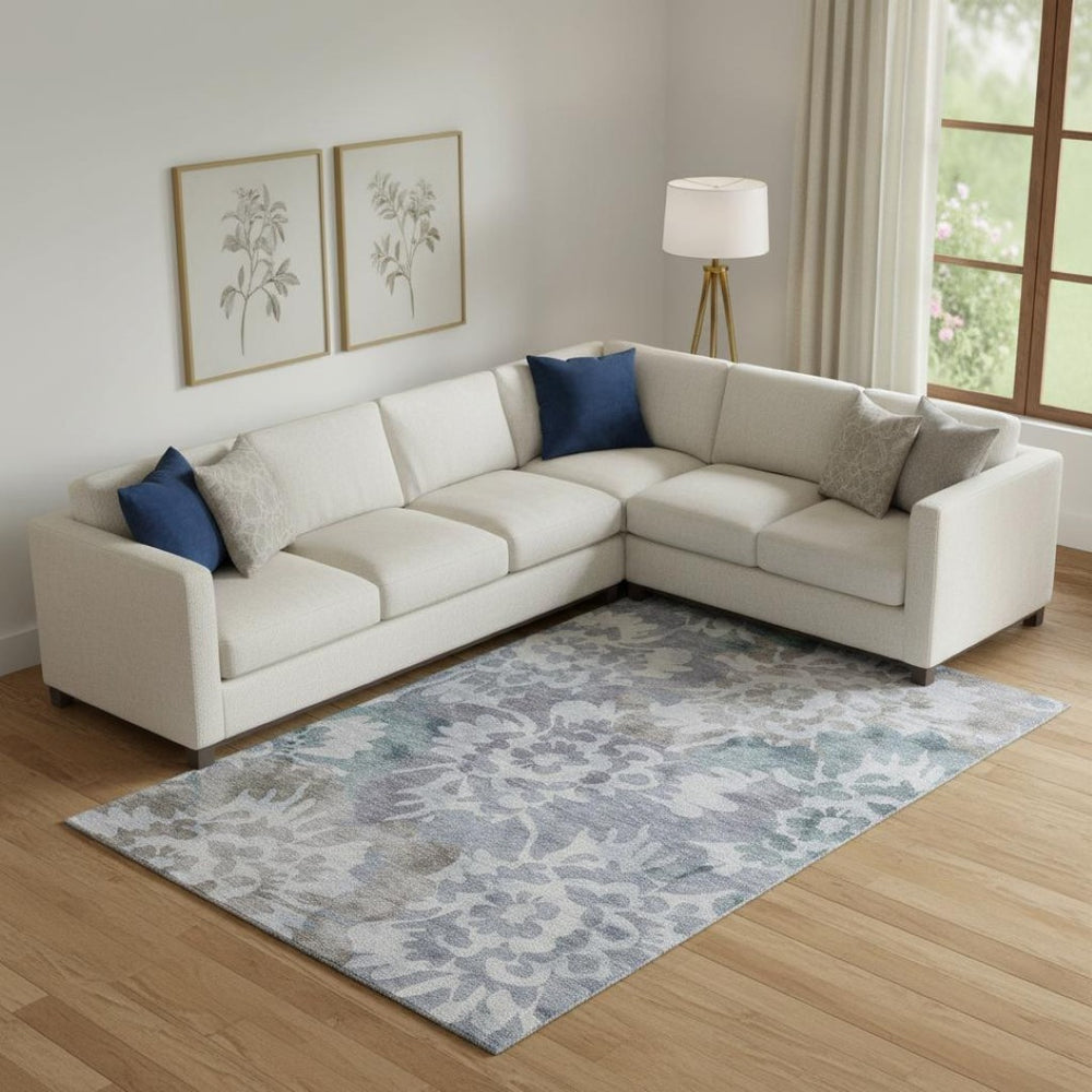 HomeRoots 10' Blue and Silver Floral Area Rug - Washable, UV Protected, Stain-Resistant for High-Traffic Spaces 715051