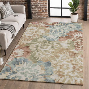 HomeRoots 5' X 8' Floral Area Rug in Rust and Blue - Washable, UV Protected, Stain Resistant, Non-Slip Design 715053
