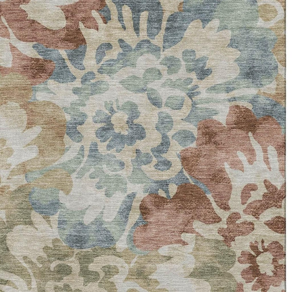 HomeRoots 5' X 8' Floral Area Rug in Rust and Blue - Washable, UV Protected, Stain Resistant, Non-Slip Design 715053