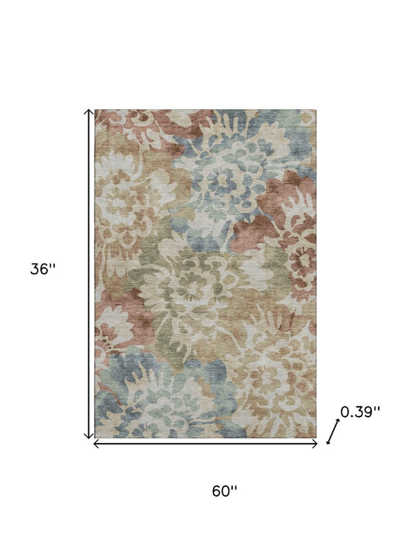 HomeRoots 5' X 8' Floral Area Rug in Rust and Blue - Washable, UV Protected, Stain Resistant, Non-Slip Design 715053