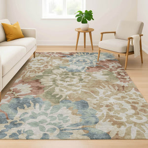 HomeRoots 5' X 8' Floral Area Rug in Rust and Blue - Washable, UV Protected, Stain Resistant, Non-Slip Design 715053