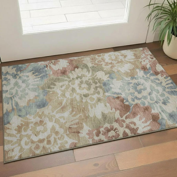 HomeRoots 5' X 8' Floral Area Rug in Rust and Blue - Washable, UV Protected, Stain Resistant, Non-Slip Design 715053