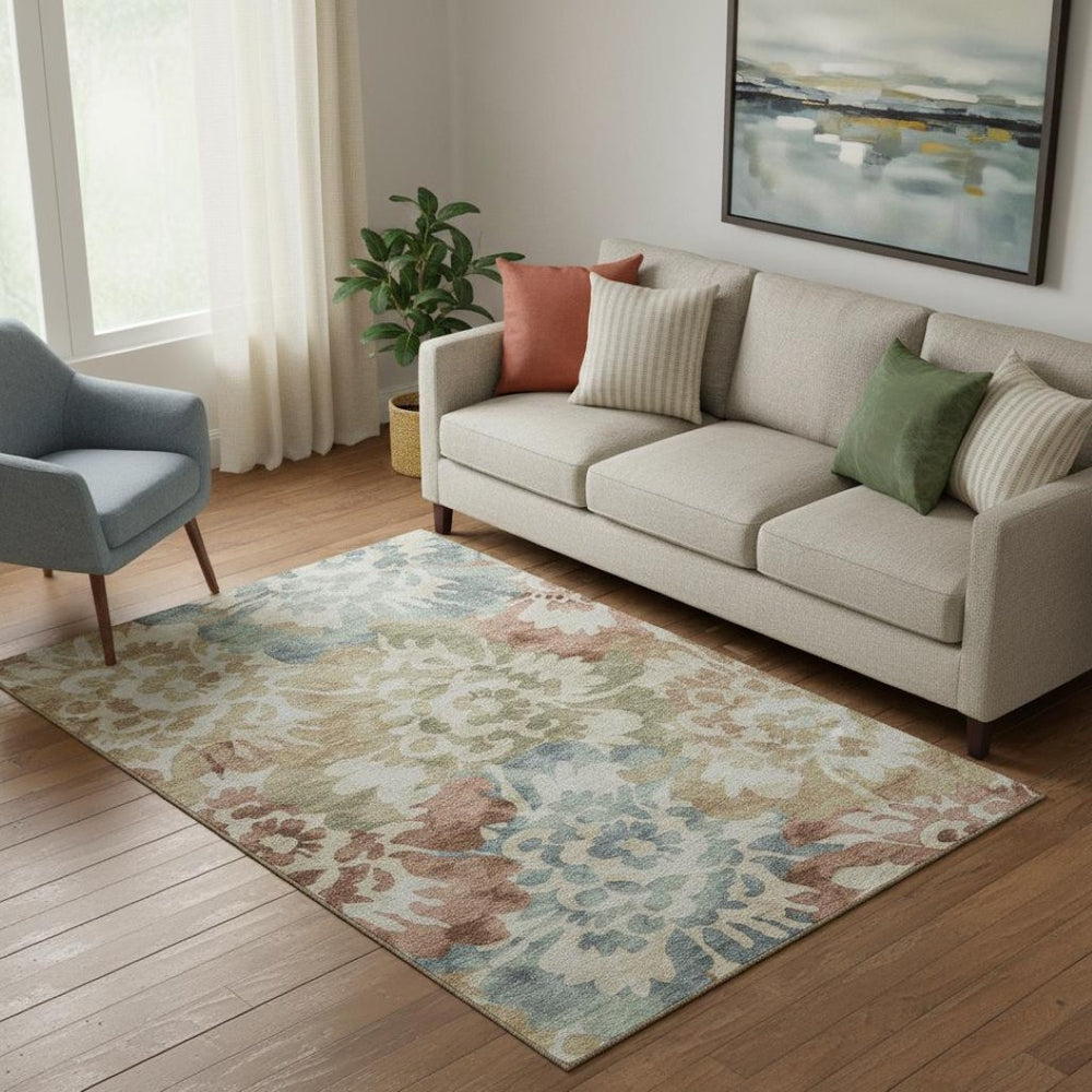 HomeRoots 8' Washable Round Rug in Rust and Blue Floral Design – Durable, UV-Protected, Pet-Friendly Centerpiece! 715054