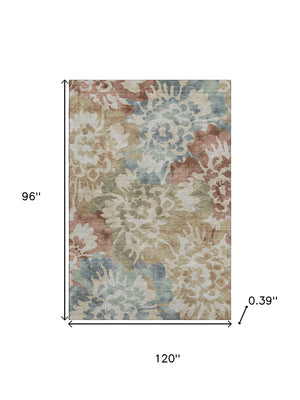 HomeRoots 9' X 12' Floral Area Rug in Rust & Blue – Washable, UV-Protected, Non-Slip, Perfect for Homes! 715056