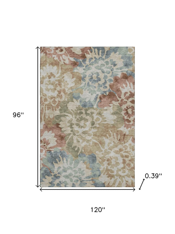 HomeRoots 9' X 12' Floral Area Rug in Rust & Blue – Washable, UV-Protected, Non-Slip, Perfect for Homes! 715056