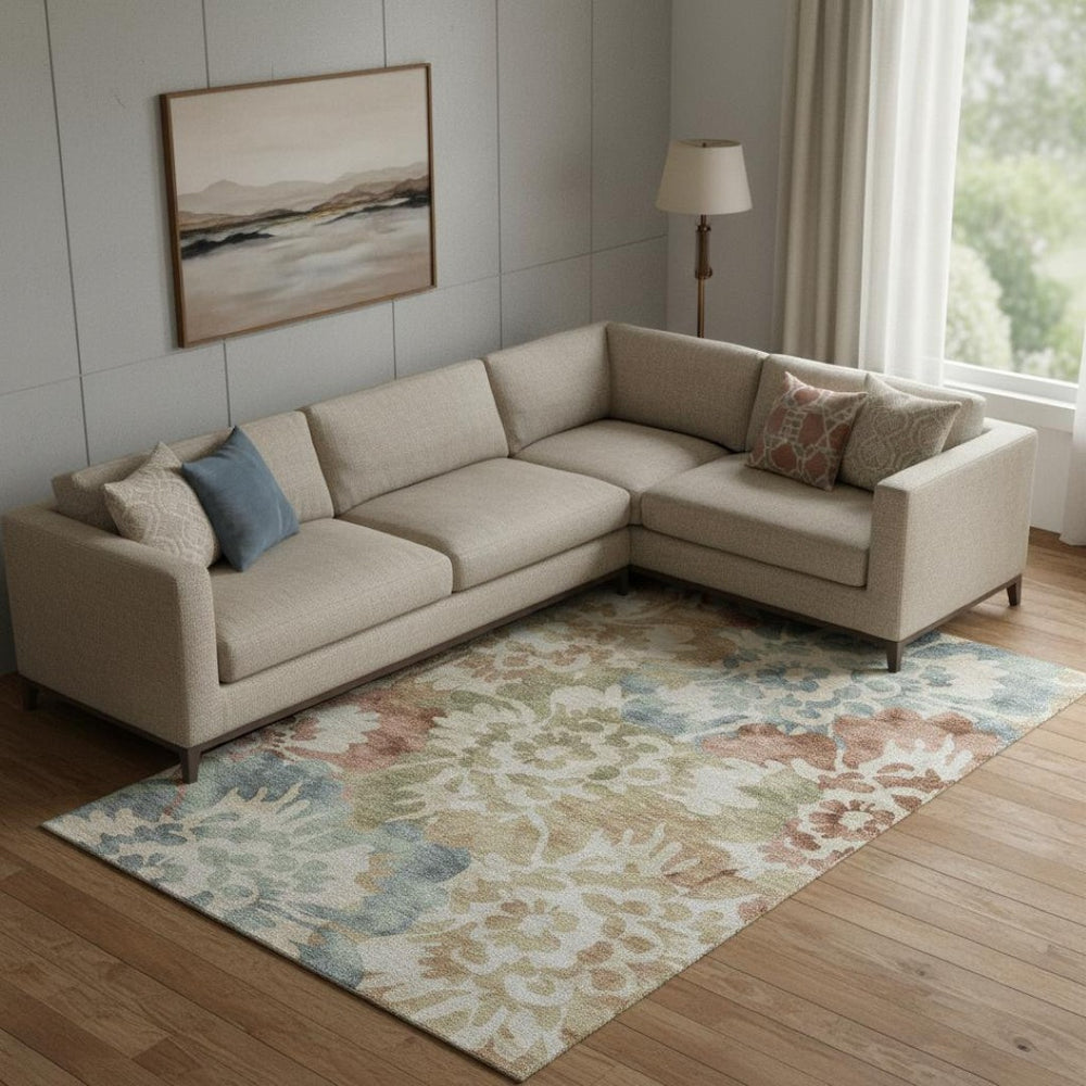 HomeRoots 9' X 12' Floral Area Rug in Rust & Blue – Washable, UV-Protected, Non-Slip, Perfect for Homes! 715056
