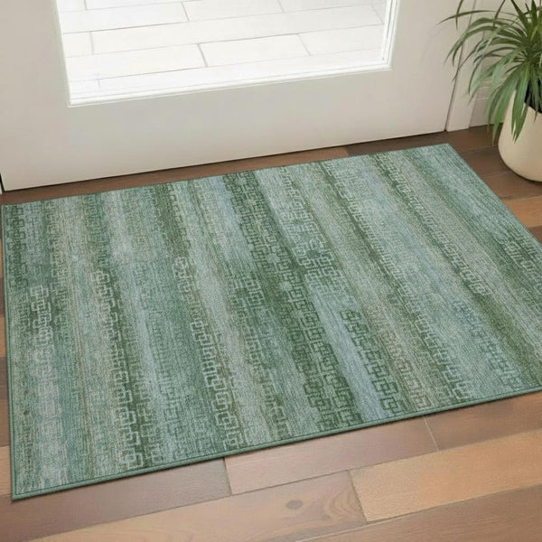 HomeRoots 5' X 8' Sage And Blue Striped Area Rug - Washable, UV Protected, Durable for Kids and Pets! 715059