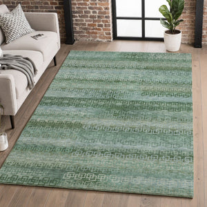 HomeRoots 8' Sage and Blue Striped Washable Round Rug - UV Protected, Stain-Resistant, Perfect for Homes! 715060
