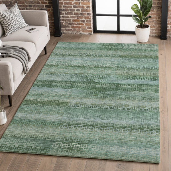 HomeRoots 8' Sage and Blue Striped Washable Round Rug - UV Protected, Stain-Resistant, Perfect for Homes! 715060
