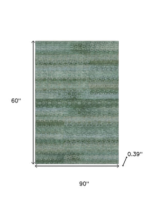 HomeRoots 8' Sage and Blue Striped Washable Round Rug - UV Protected, Stain-Resistant, Perfect for Homes! 715060