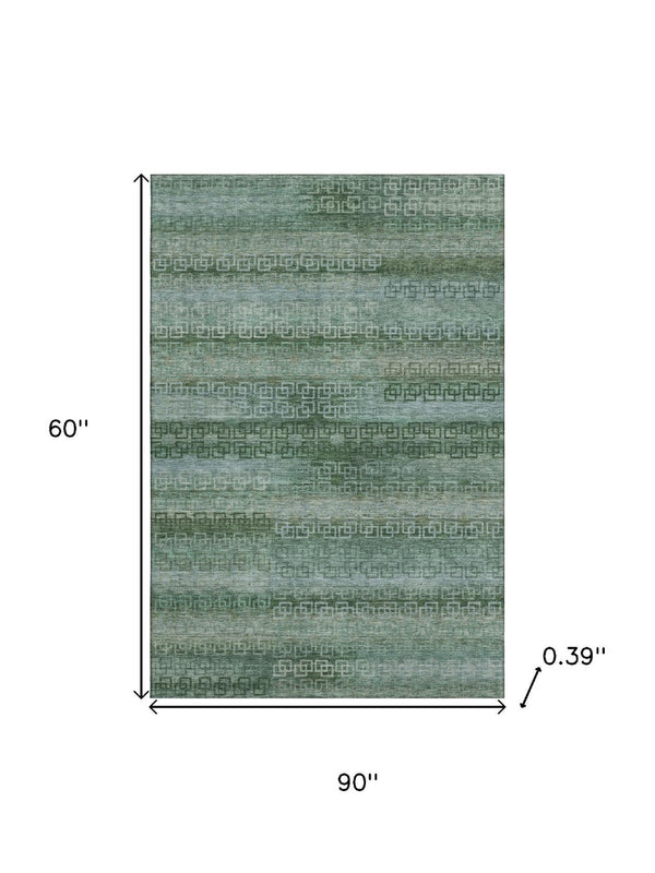 HomeRoots 8' Sage and Blue Striped Washable Round Rug - UV Protected, Stain-Resistant, Perfect for Homes! 715060