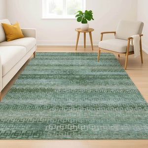 HomeRoots 8' Sage and Blue Striped Washable Round Rug - UV Protected, Stain-Resistant, Perfect for Homes! 715060