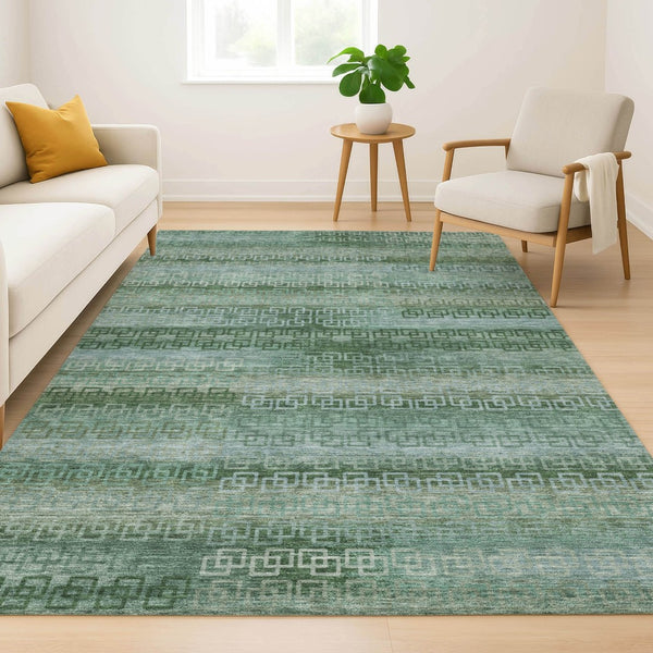 HomeRoots 8' Sage and Blue Striped Washable Round Rug - UV Protected, Stain-Resistant, Perfect for Homes! 715060