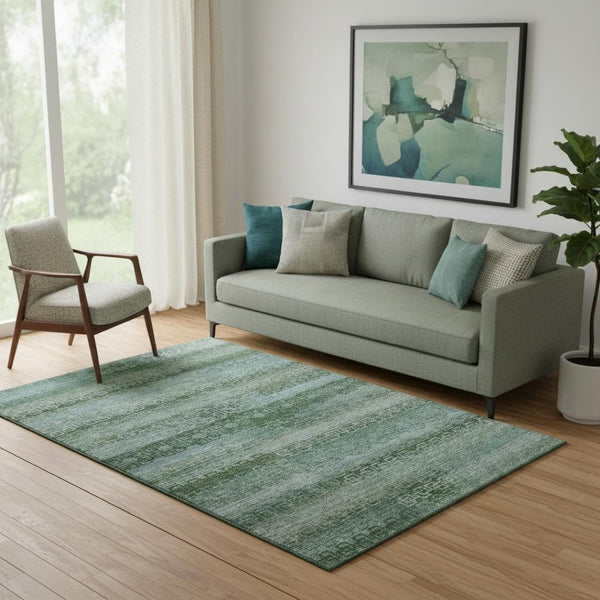 HomeRoots 8' Sage and Blue Striped Washable Round Rug - UV Protected, Stain-Resistant, Perfect for Homes! 715060