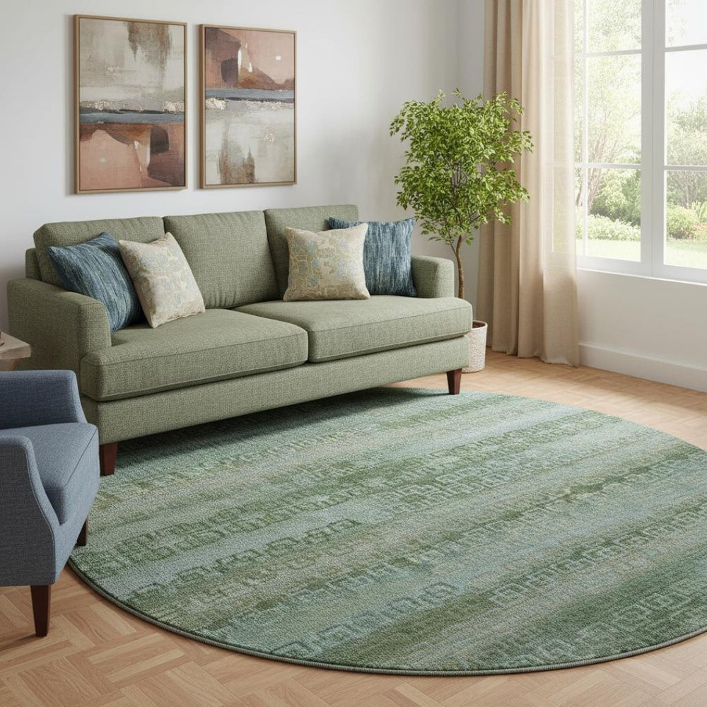 HomeRoots 8' X 10' Sage & Blue Striped Area Rug - Washable, UV Protected, Durable for High-Traffic Areas 715061