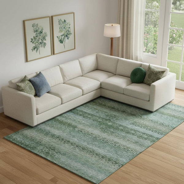 HomeRoots 10' X 14' Sage Blue Striped Washable Area Rug - Durable, UV Protected, Perfect for High-Traffic Spaces! 715063