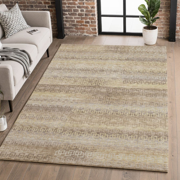 HomeRoots 5' X 8' Stylish Beige and Brown Striped Washable Area Rug with UV Protection & Stain Resistance 715065