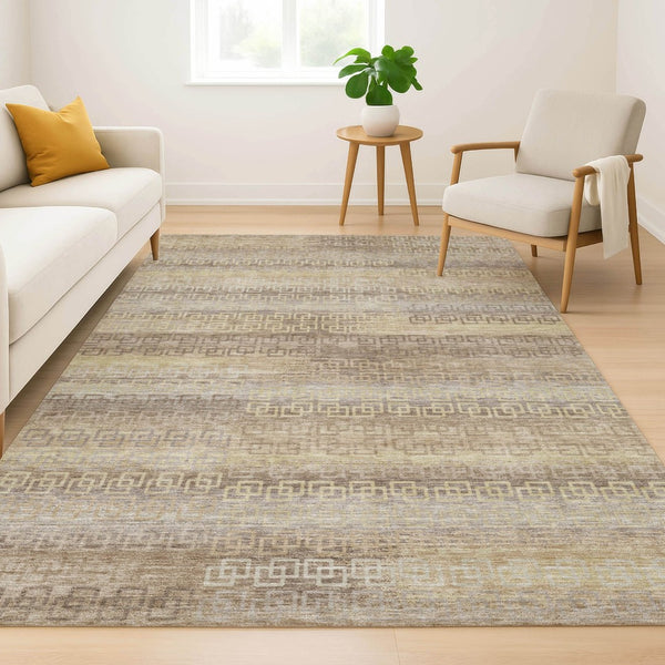 HomeRoots 9' X 12' Washable Beige & Brown Striped Area Rug - UV Resistant, Non-Slip for Family Rooms & Patios 715068