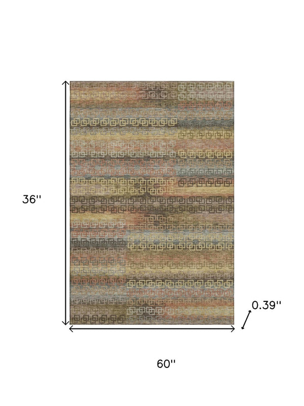 HomeRoots 5' X 8' Brown and Gold Striped Area Rug - Machine Washable, UV Protected, Stylish & Durable Design 715071