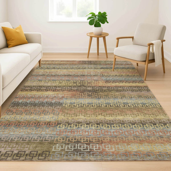 HomeRoots 5' X 8' Brown and Gold Striped Area Rug - Machine Washable, UV Protected, Stylish & Durable Design 715071