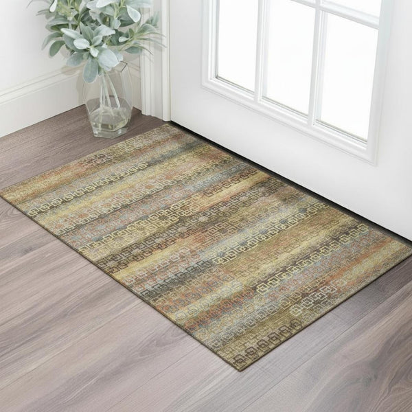 HomeRoots 5' X 8' Brown and Gold Striped Area Rug - Machine Washable, UV Protected, Stylish & Durable Design 715071