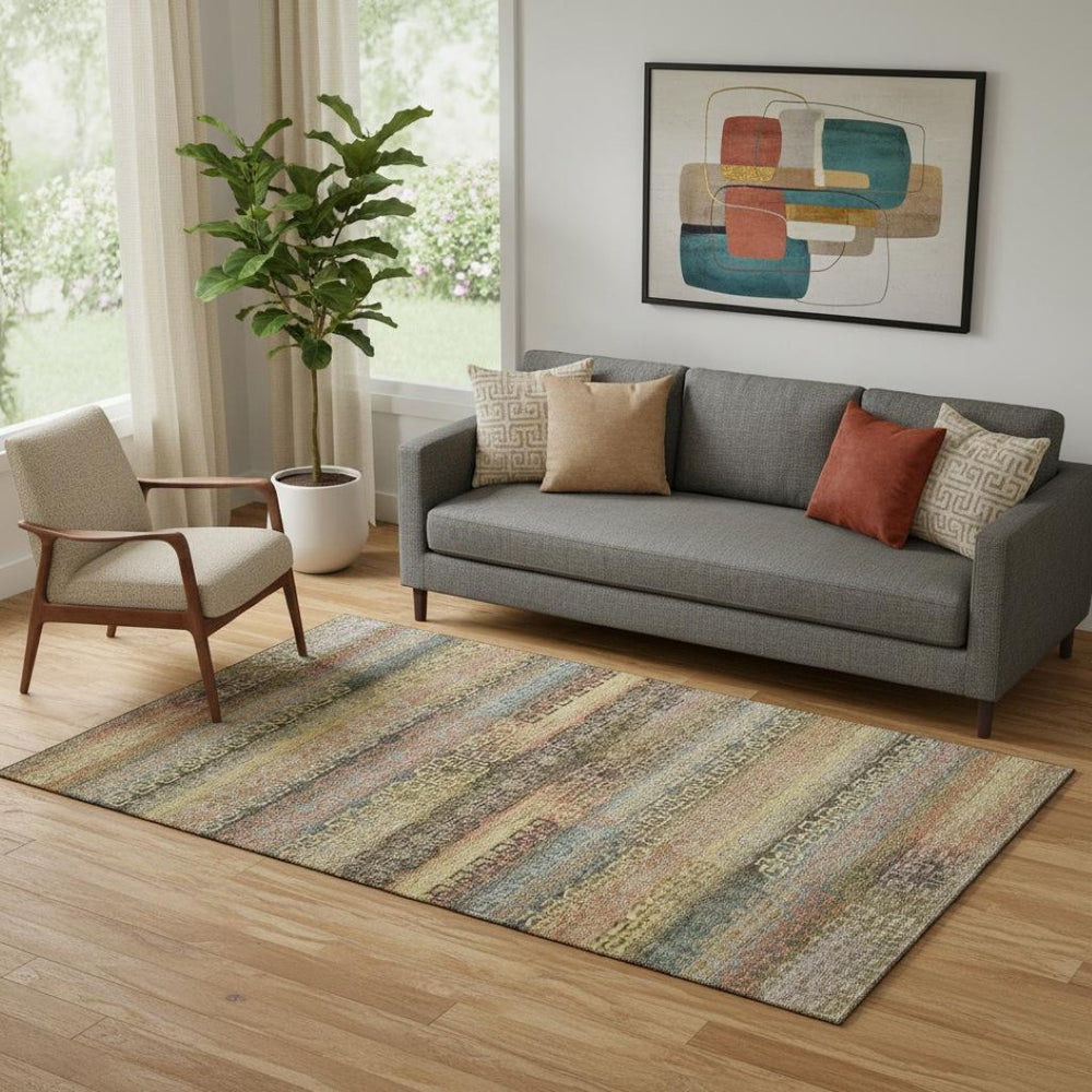 HomeRoots 8' Brown and Gold Striped Washable Round Rug - Durable, UV-Protected, Stain-Resistant, Non-Slip Design 715072
