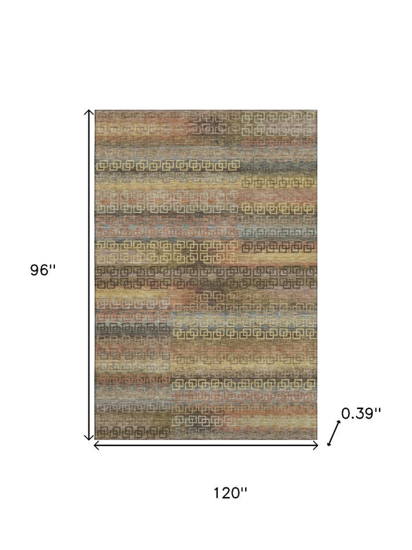 HomeRoots 9' X 12' Brown and Gold Striped Area Rug – Machine Washable, UV Protected, Stain Resistant Design 715074