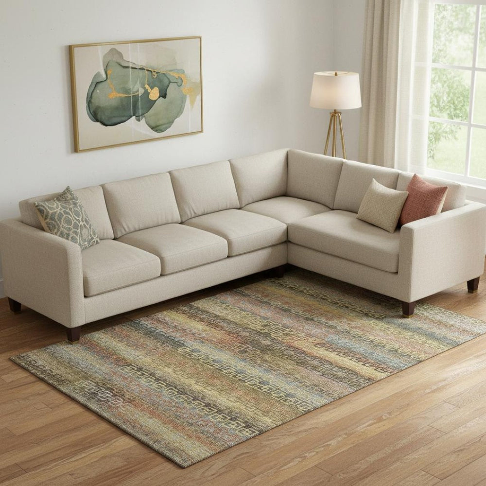 HomeRoots 9' X 12' Brown and Gold Striped Area Rug – Machine Washable, UV Protected, Stain Resistant Design 715074
