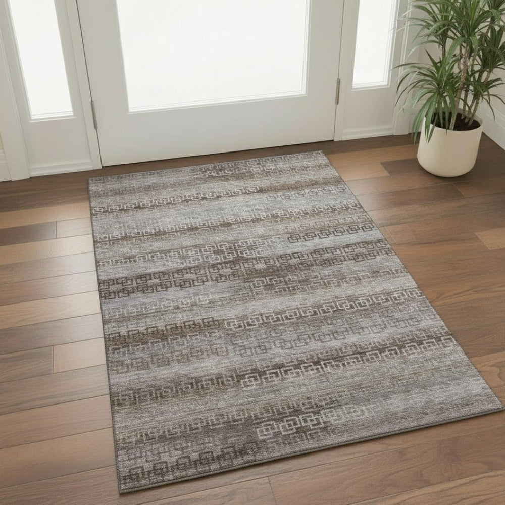HomeRoots 5' X 8' Washable Chocolate & Gray Striped Area Rug with UV Protection for High-Traffic Spaces 715077