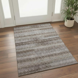 HomeRoots 5' X 8' Washable Chocolate & Gray Striped Area Rug with UV Protection for High-Traffic Spaces 715077