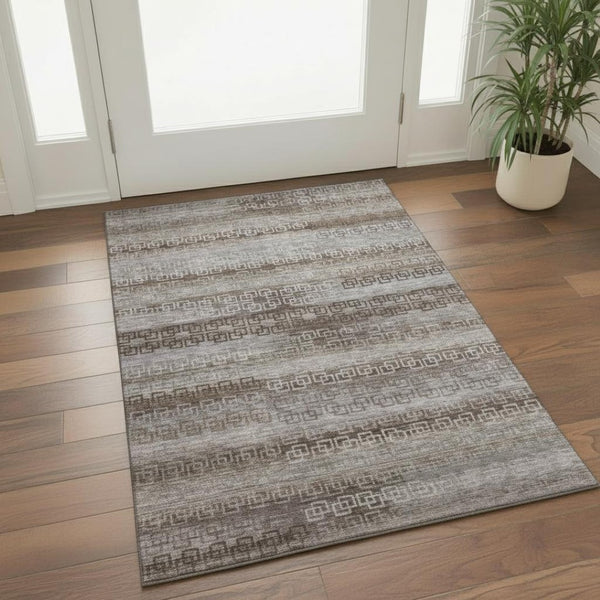 HomeRoots 5' X 8' Washable Chocolate & Gray Striped Area Rug with UV Protection for High-Traffic Spaces 715077