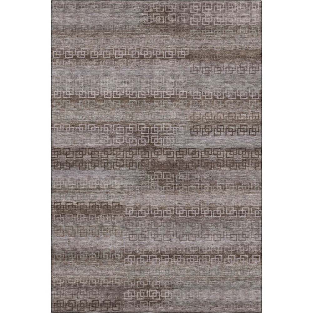HomeRoots 8' Chocolate and Gray Striped Round Rug - Washable, UV-Protected, Stain-Resistant for Family Spaces 715078